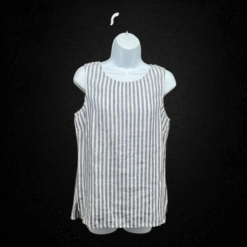 Ellen Tracy Striped Linen Tank Top Womens Small Blue White Excellent Sleeveless